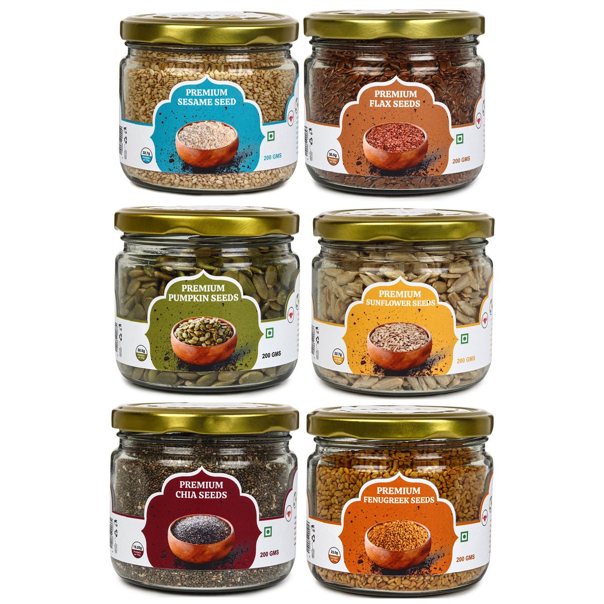 Raw Seeds Combo Pack Of 6 | Protein Fiber Rich Natural Seeds – Dried Fruits, Nuts & Seeds on Brown Living™. SKU: ARNAS-10. Img 1.