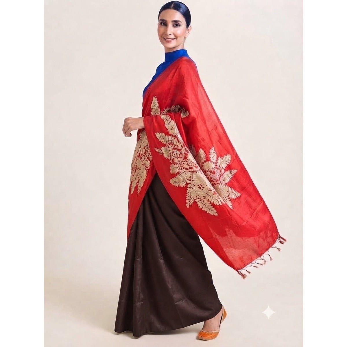 Red Bada Patta 100% Natural Mulberry Silk Saree – Womens Saree on Brown Living™. SKU: NAESA25. Img 3.
