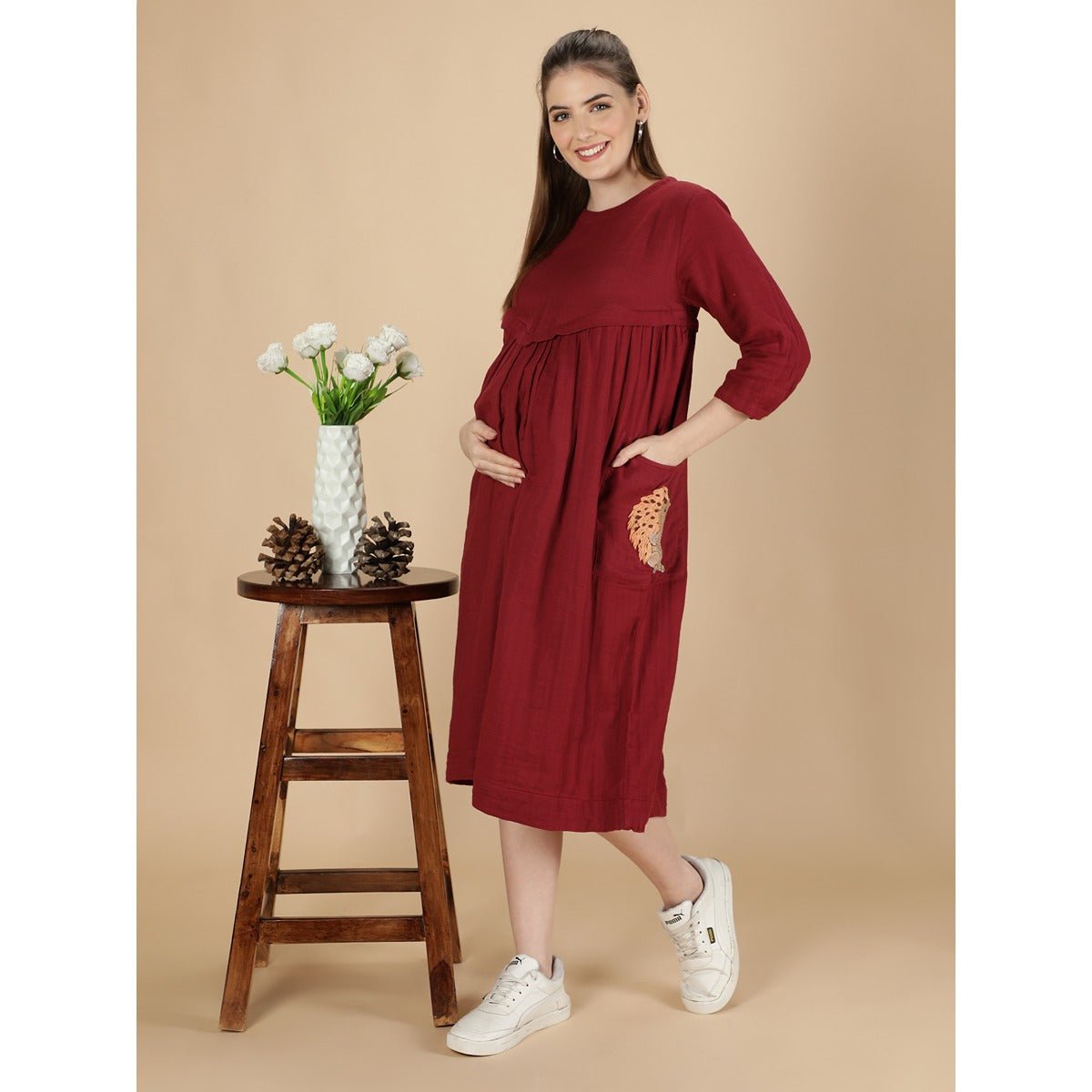 Red Hopping Hedgehog Dress Mama | Cotton Maternity Dress – Womens Maternity Wear on Brown Living™. SKU: MCBL146-. Img 2.