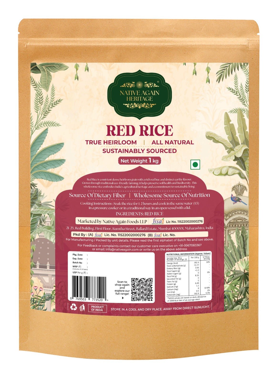 Red Rice 1kg – Nutrient Rich Whole Grain Unpolished Rice – Cereal & Meusli on Brown Living™. SKU: I00001. Img 1.