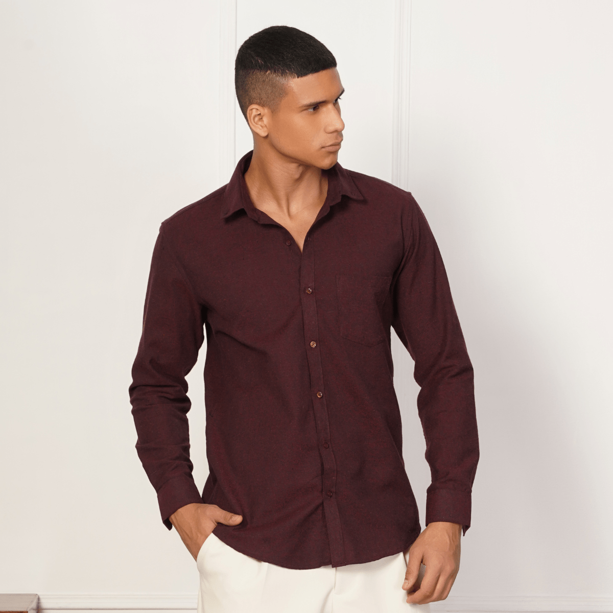 Regular Fit Full Sleeve Button Down Collar Shirt For Men | Maroon – Mens Shirt on Brown Living™. SKU: F - S1014 - M. Img 1.