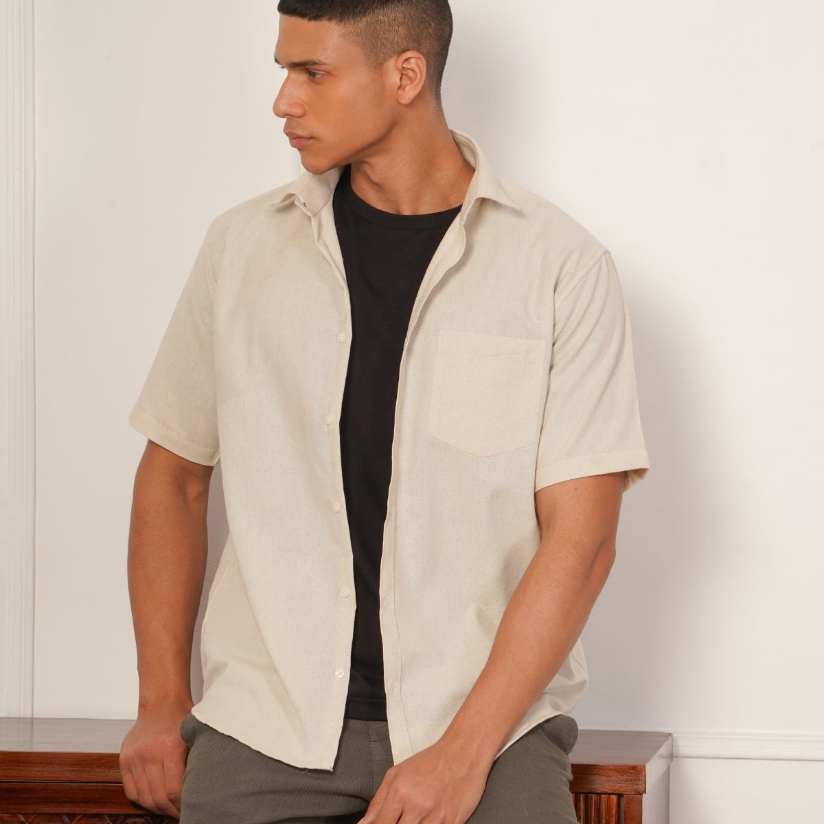 Regular Fit Half Sleeve Button Down Collar Shirt For Men | Ivory – Men Shirt on Brown Living™. SKU: H-F-1012-M. Img 2.