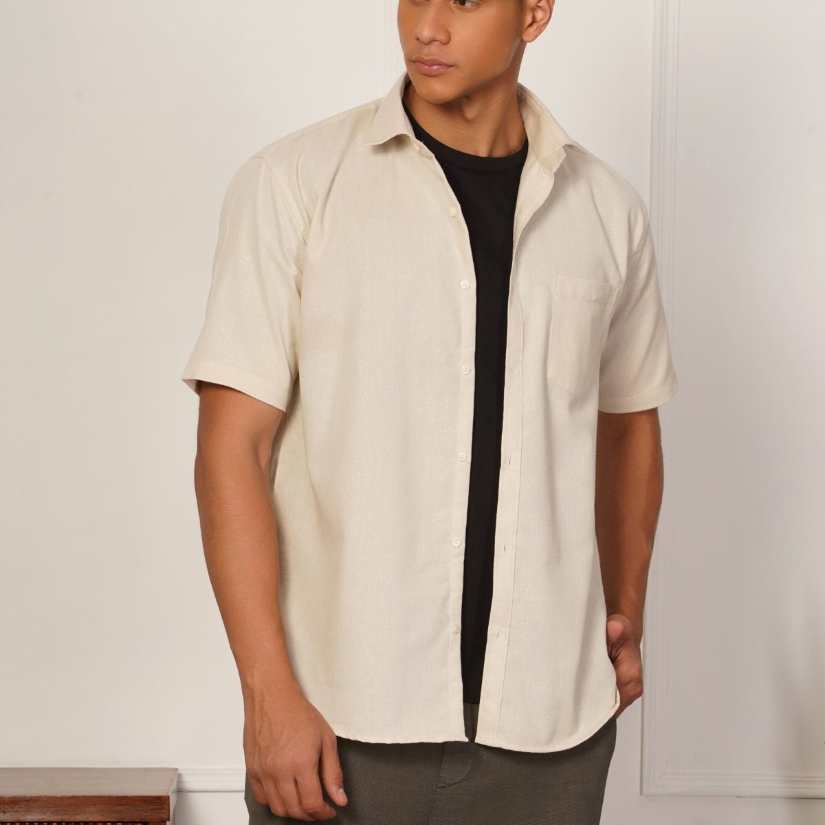 Regular Fit Half Sleeve Button Down Collar Shirt For Men | Ivory – Men Shirt on Brown Living™. SKU: H-F-1012-M. Img 7.