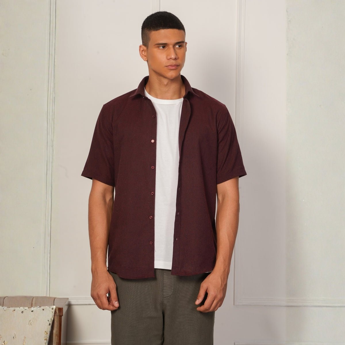 Regular Fit Half Sleeve Button Down Collar Shirt For Men | Maroon – Mens Shirt on Brown Living™. SKU: H-F-1014-M. Img 6.