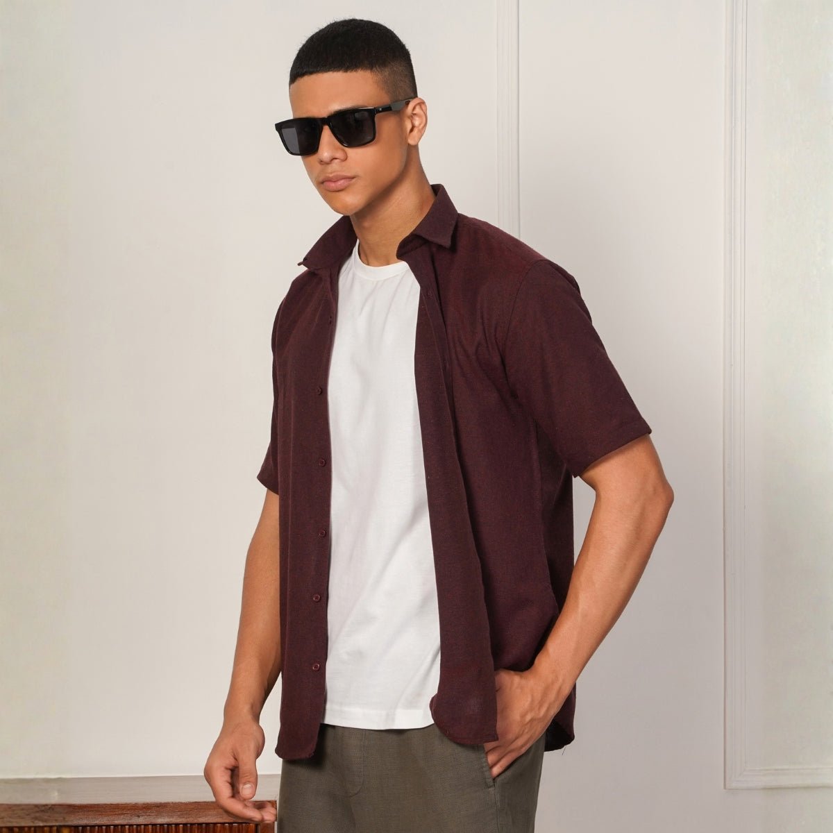 Regular Fit Half Sleeve Button Down Collar Shirt For Men | Maroon – Mens Shirt on Brown Living™. SKU: H-F-1014-M. Img 2.