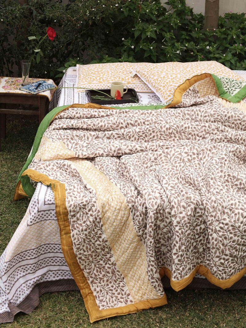 Reversible Hand-Printed Quilt- Luxe Comfort in Green & Yellow | Verified Sustainable Bed Linens on Brown Living™