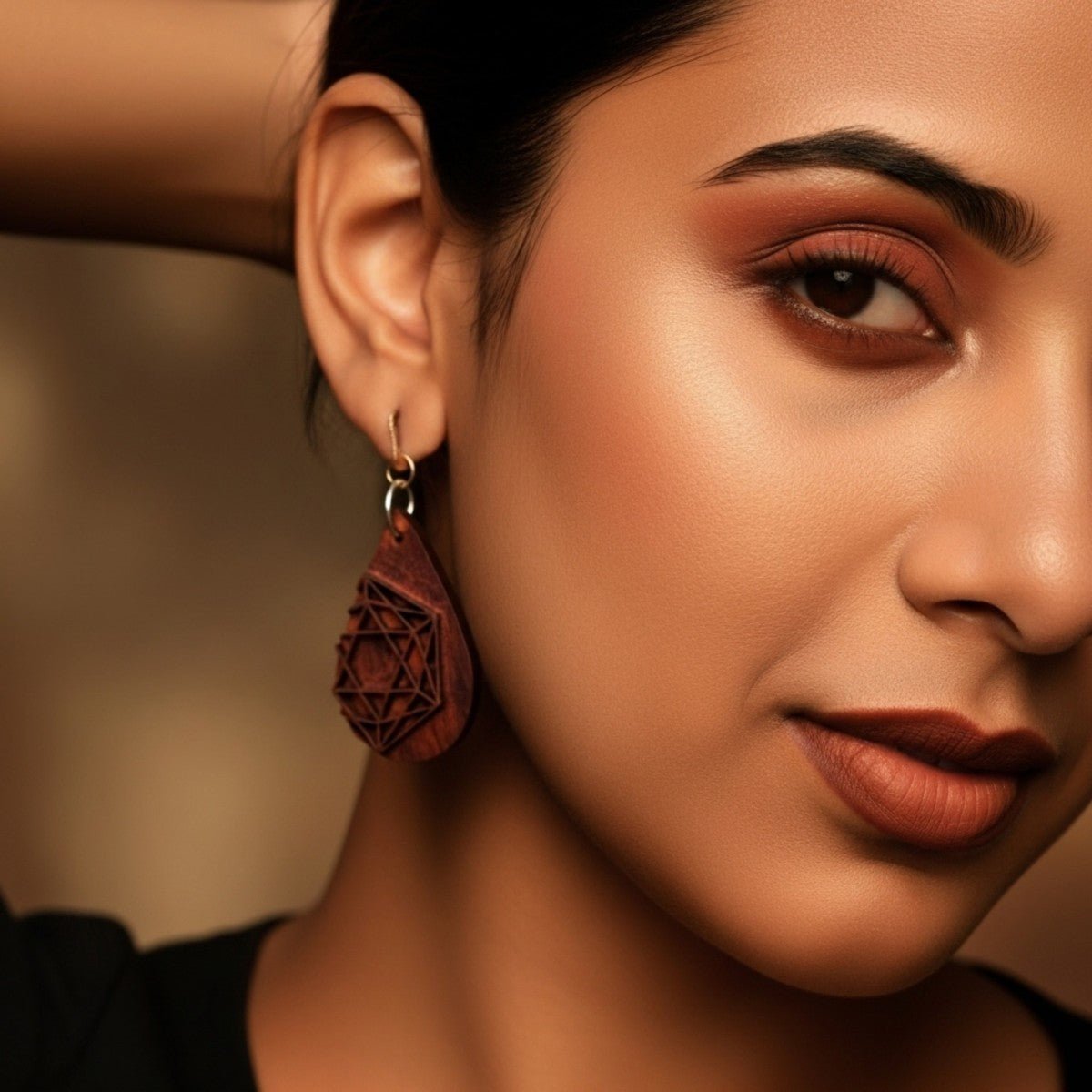 Rohini Rekh Wooden Earrings With Wood Block Carving – Jewellery on Brown Living™. SKU: UARKHWJER008. Img 5.