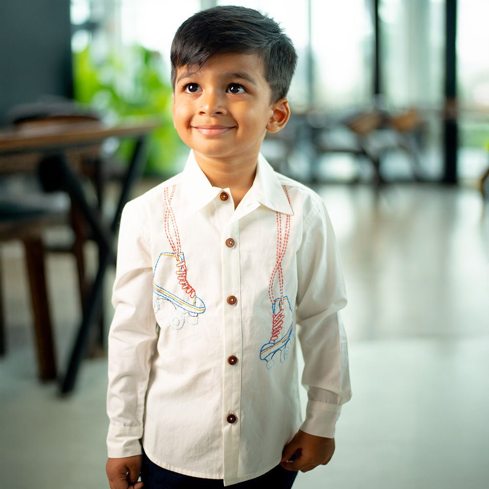 Roller Skates Embroidered Organic Cotton Shirt - White – Kids Shirts on Brown Living™. SKU: NANFS001EMB050 - 18M. Img 1.