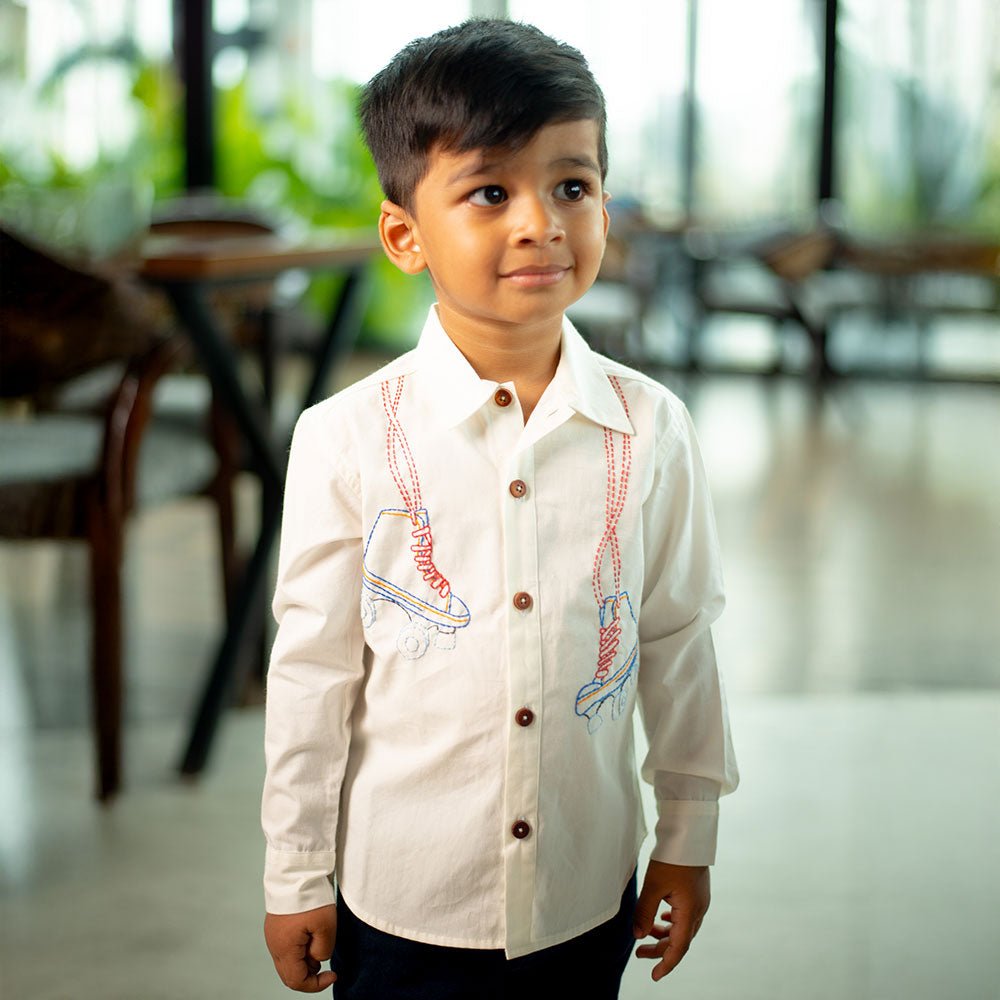 Roller Skates Embroidered Organic Cotton Shirt - White – Kids Shirts on Brown Living™. SKU: NANFS001EMB050 - 18M. Img 2.