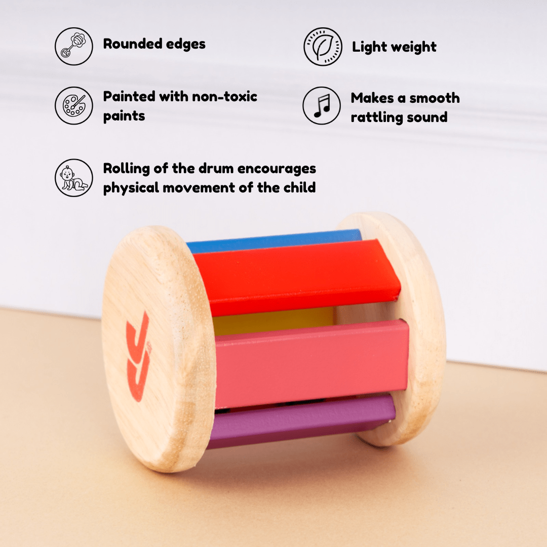 Rolling Drum Rattle | Encourages Grasp, Crawling & Tummy Time – Wooden Toys on Brown Living™. SKU: JNJ0011. Img 3.