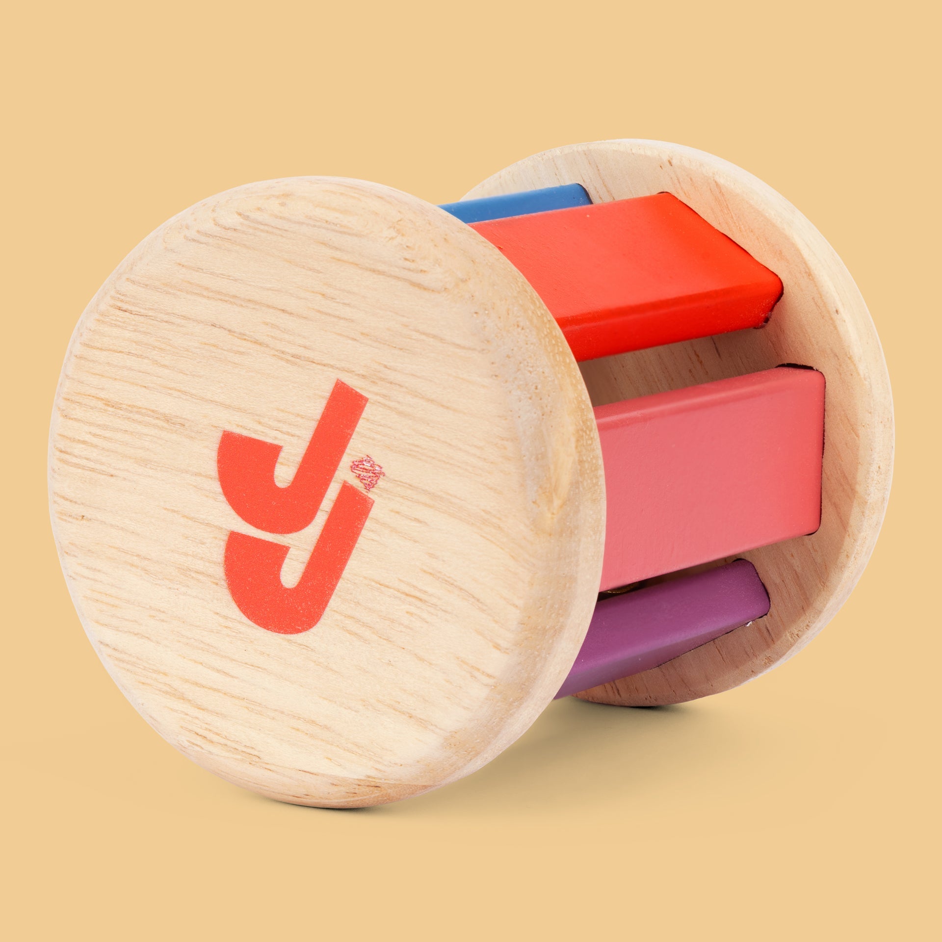 Rolling Drum Rattle | Encourages Grasp, Crawling & Tummy Time – Wooden Toys on Brown Living™. SKU: JNJ0011. Img 1.