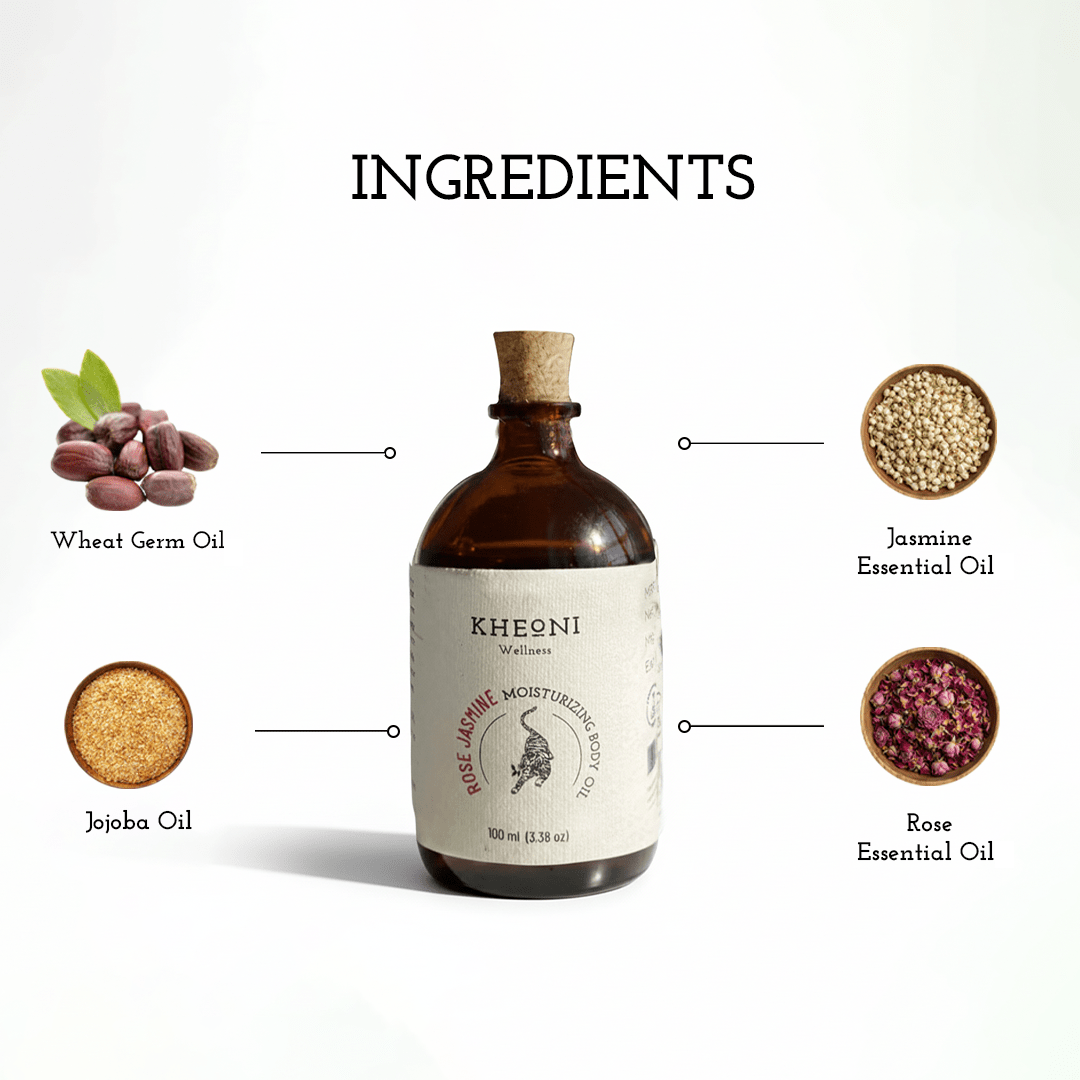 Rose Jasmine Moisturizing Body Oil - 100 ml – Body Oil on Brown Living™. SKU: FFBORJ10L. Img 3.