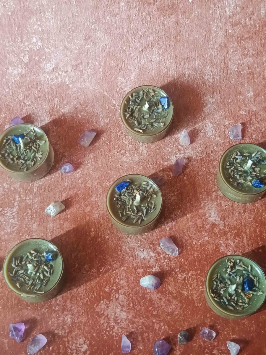 Rose Petals & Gold Foil Tealight - Set of 6 (Lavendar) – Candles & Fragrances by Rasa Home available on Brown Living™. Azurite Crystal Tealight - Set Of 6 . SKU: TCS070_N. Img 13.