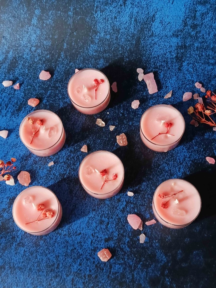 Rose Petals & Gold Foil Tealight - Set of 6 (Lavendar) – Candles & Fragrances by Rasa Home available on Brown Living™. Dry Flowers & Crystal Tealight - Set Of 6 . SKU: TCS061_N. Img 9.