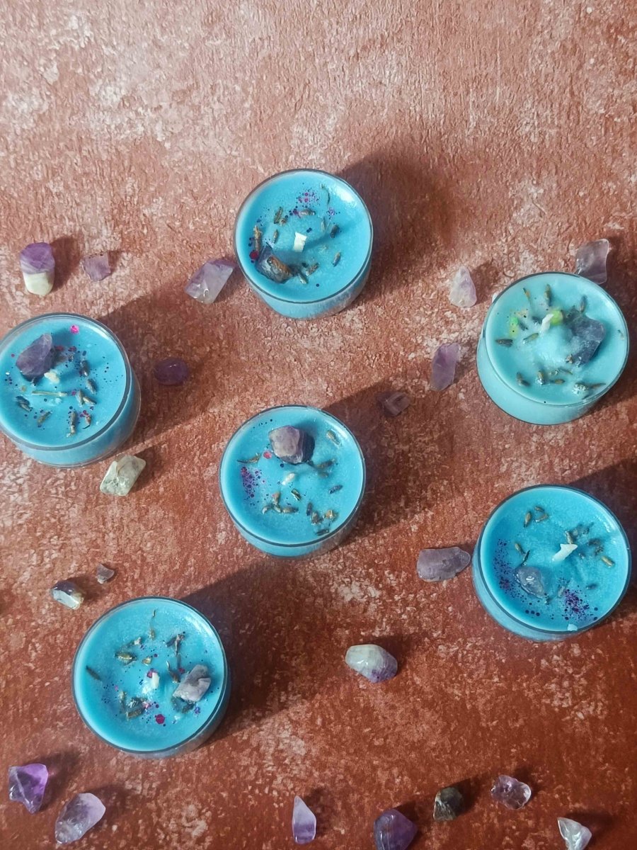 Rose Petals & Gold Foil Tealight - Set of 6 (Lavendar) – Candles & Fragrances by Rasa Home available on Brown Living™. Lavendar Amethyst Tealight - Set Of 6 . SKU: TCS068_N. Img 8.