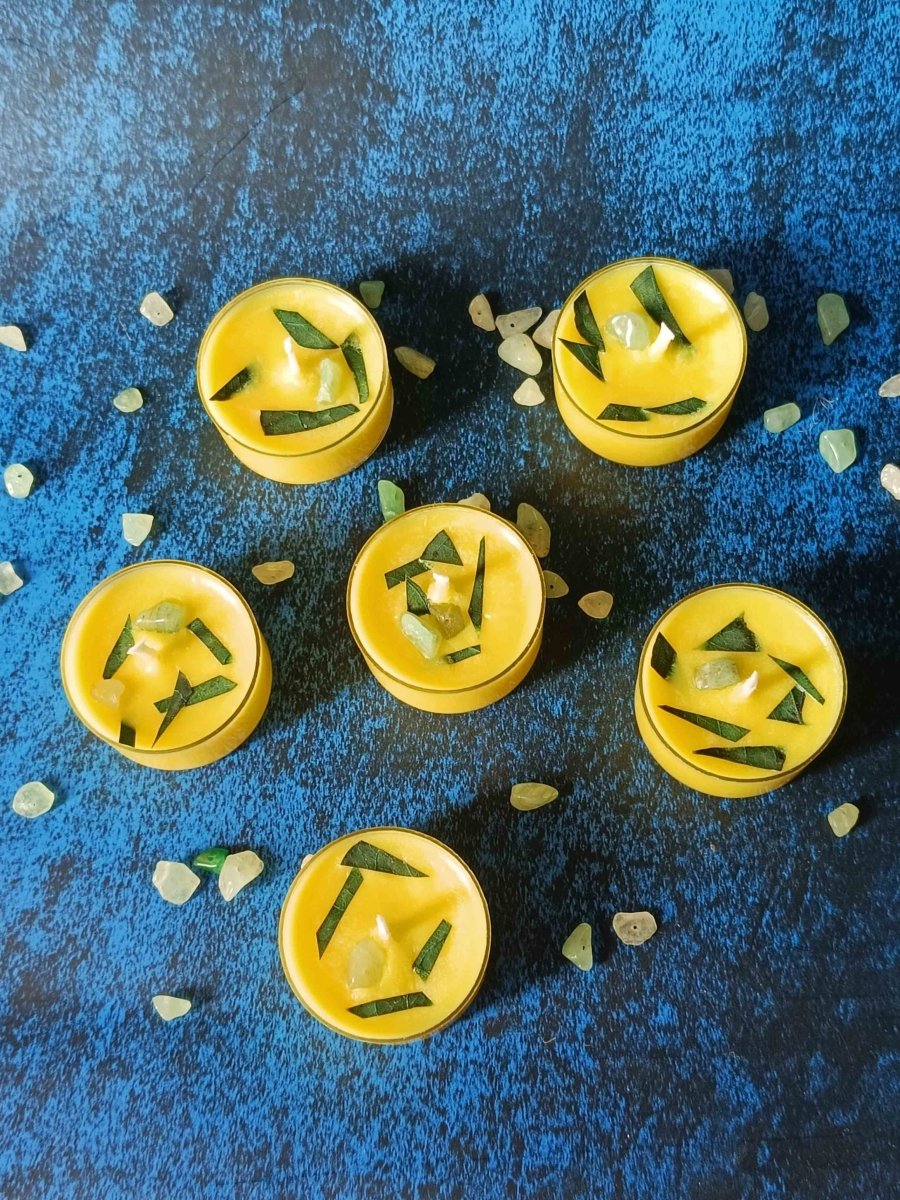 Rose Petals & Gold Foil Tealight - Set of 6 (Lavendar) – Candles & Fragrances by Rasa Home available on Brown Living™. Leaf & Crystal Tealight - Set Of 6 . SKU: TCS062_N. Img 7.