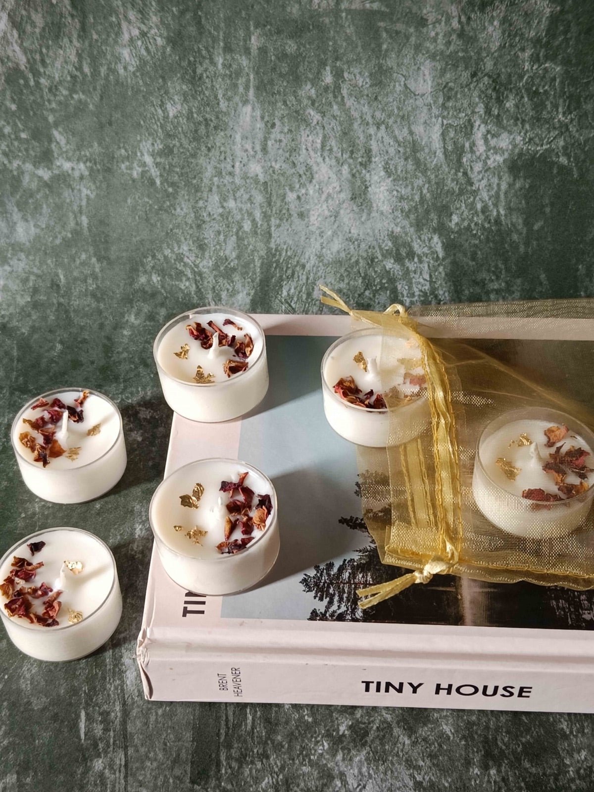 Rose Petals & Gold Foil Tealight - Set of 6 (Lavendar) – Candles & Fragrances on Brown Living™. SKU: TCS070_N. Img 2.