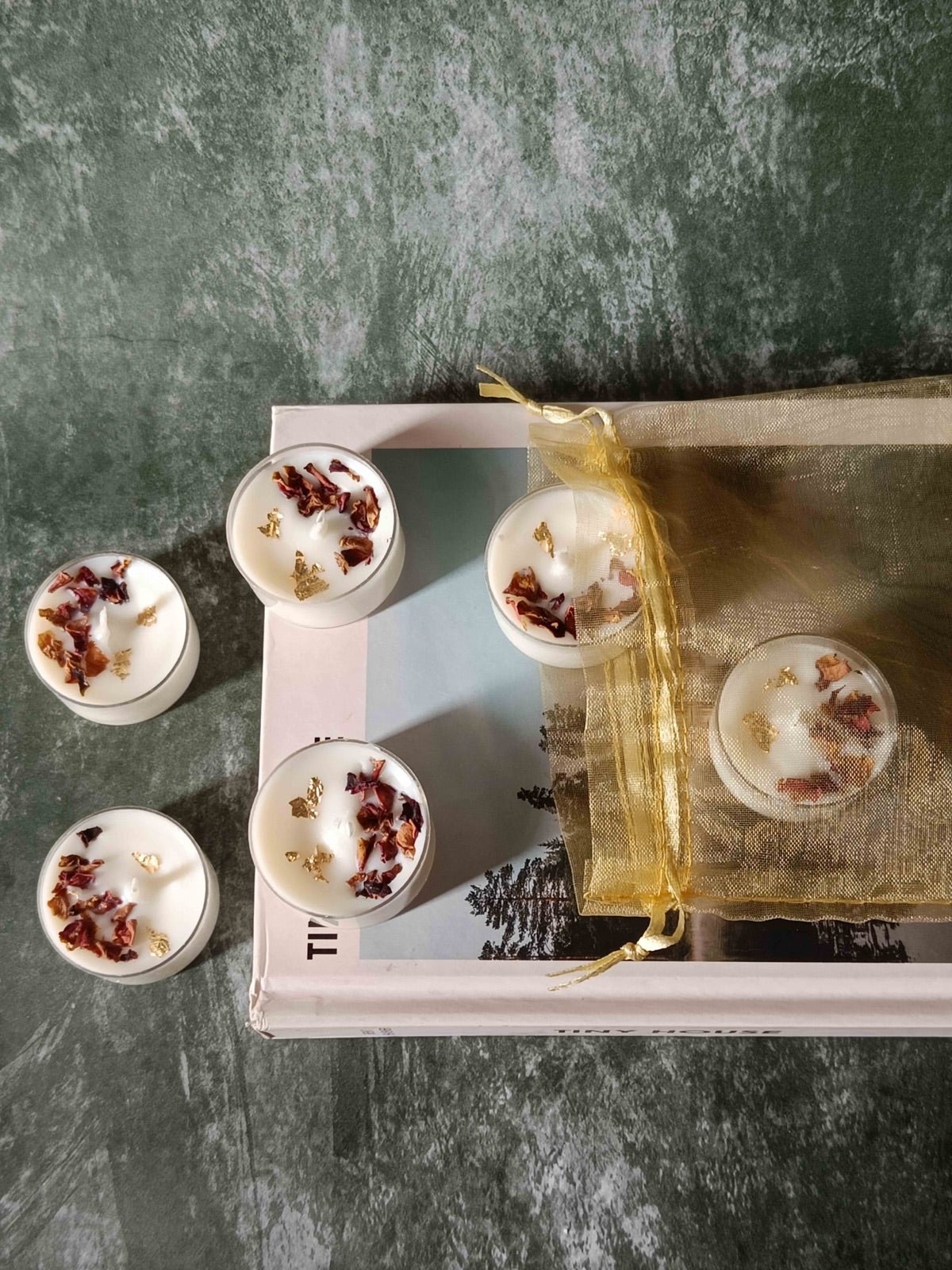 Rose Petals & Gold Foil Tealight - Set of 6 (Lavendar) – Candles & Fragrances on Brown Living™. SKU: TCS070_N. Img 1.