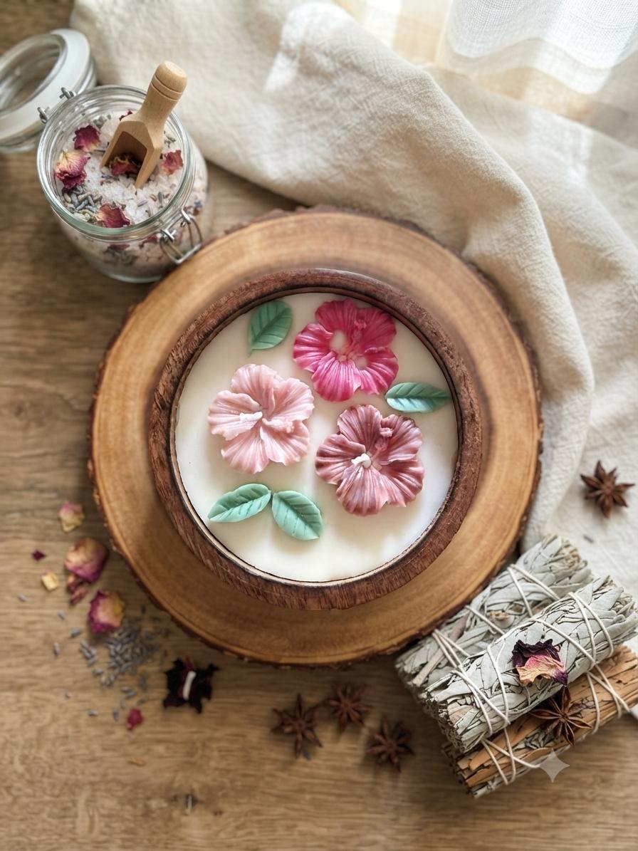 Round Wooden Hibiscus Urli Candle | Handcrafted Decorative Candle – Candles & Fragrances on Brown Living™. SKU: RWHU1006. Img 2.