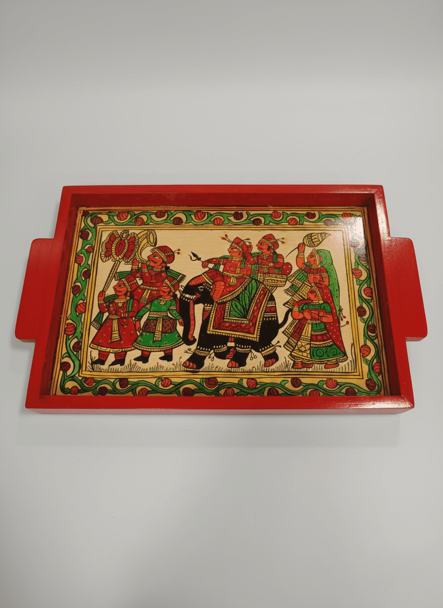 Royal Elephant Procession: Handcrafted Phad Art Wooden Tray – Trays & Platters on Brown Living™. SKU: PDAMRTMDMC01. Img 1.