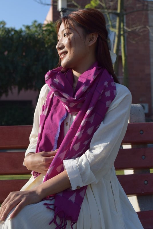 Roza Stole in Pochampalli Ikat | Handwoven Ikat Cotton Stole – Womens Scarf on Brown Living™. SKU: EKL_01. Img 3.