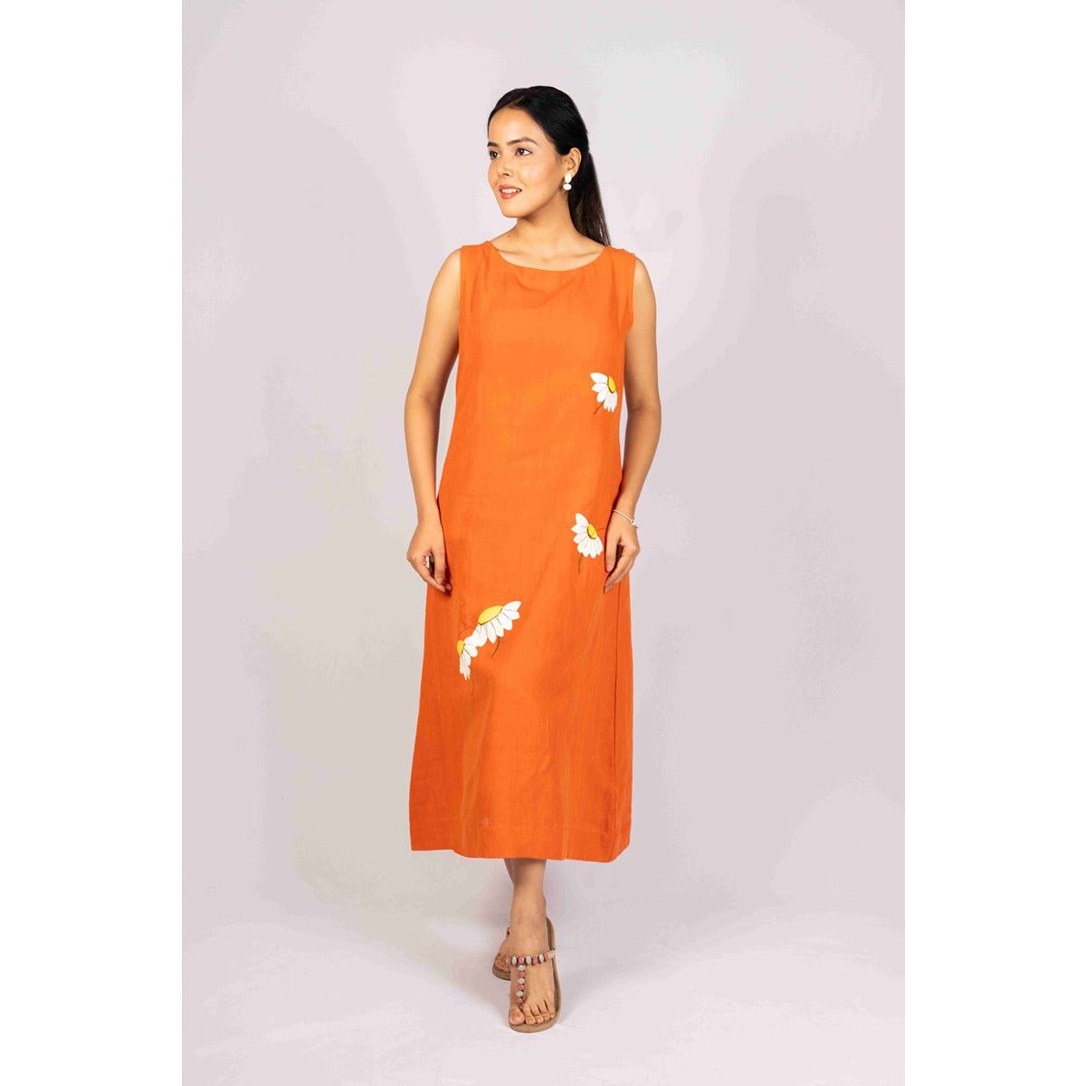 Saanjh - Burnt Orange Midi Handloom Linen Dress with Hand Painting – Womens Dress on Brown Living™. SKU: HD1001XSN. Img 2.