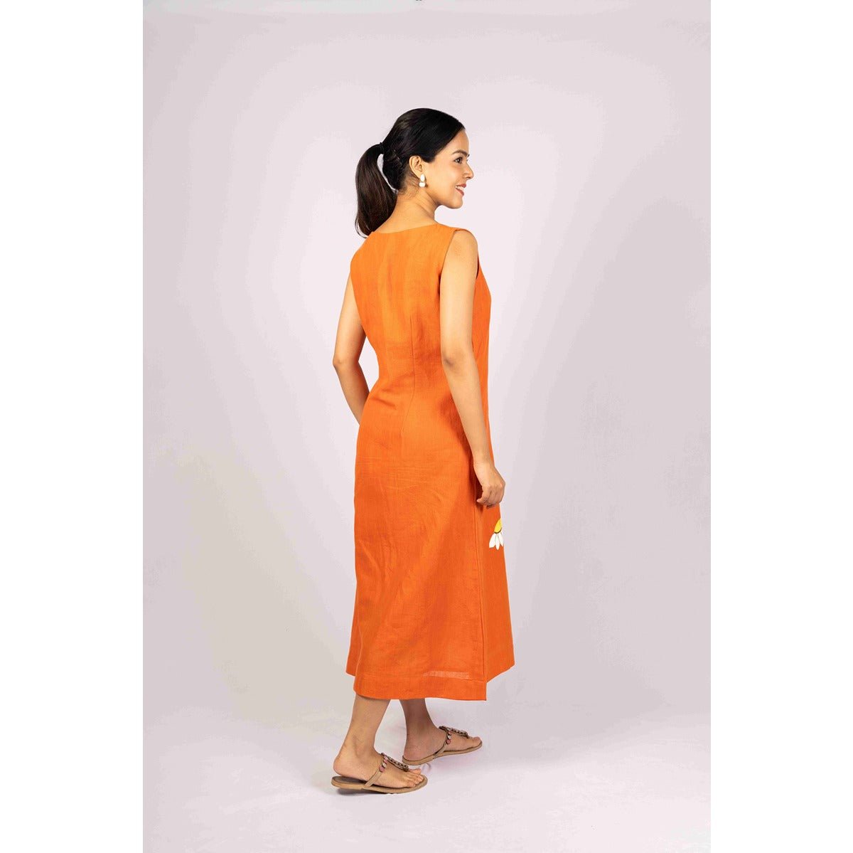 Saanjh - Burnt Orange Midi Handloom Linen Dress with Hand Painting – Womens Dress on Brown Living™. SKU: HD1001XSN. Img 4.
