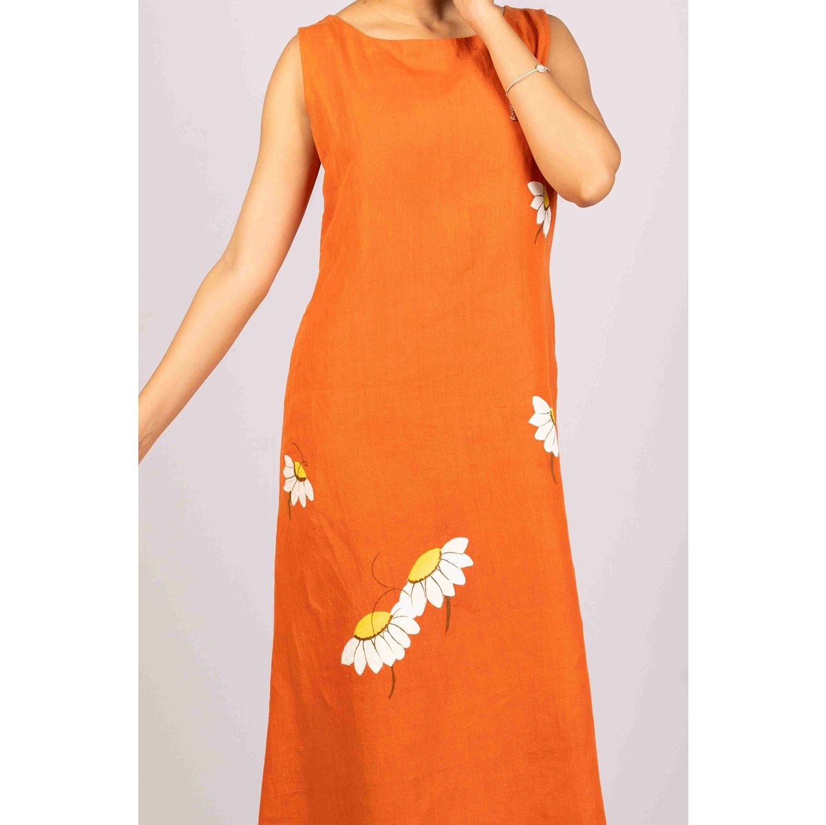 Saanjh - Burnt Orange Midi Handloom Linen Dress with Hand Painting – Womens Dress on Brown Living™. SKU: HD1001XSN. Img 3.