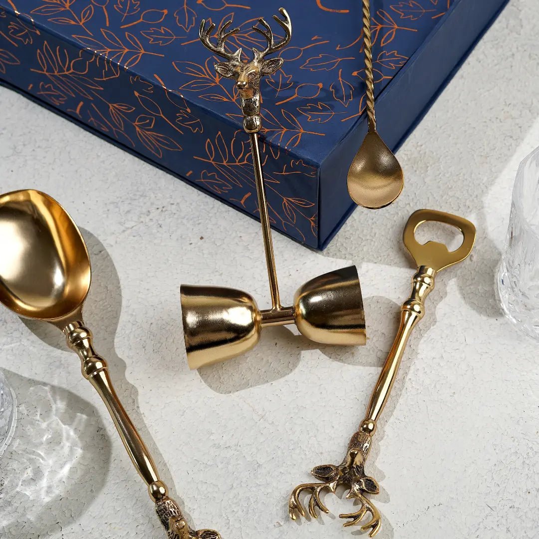 Saarang Bar Set | Lead - free Brass | Set of 4 l Available in Two Finish – Gift Giving by Pravaah India available on Brown Living™. Gold . SKU: HD007_G_BL. Img 2.
