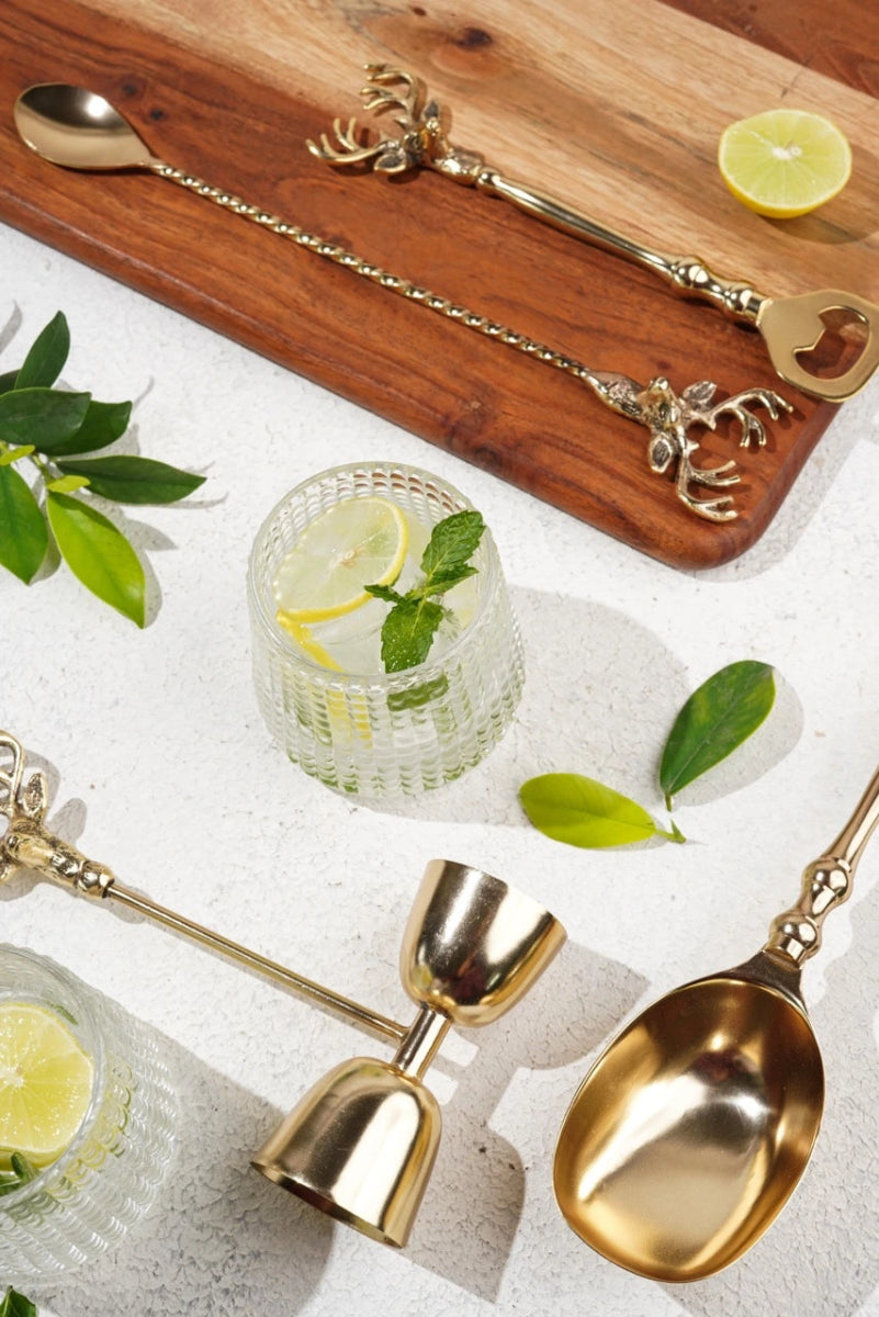 Saarang Bar Set | Lead - free Brass | Set of 4 l Available in Two Finish – Gift Giving by Pravaah India available on Brown Living™. Gold . SKU: HD007_G_BL. Img 6.
