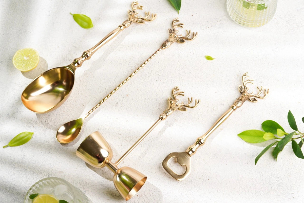 Saarang Bar Set | Lead - free Brass | Set of 4 l Available in Two Finish – Gift Giving by Pravaah India available on Brown Living™. Gold . SKU: HD007_G_BL. Img 1.