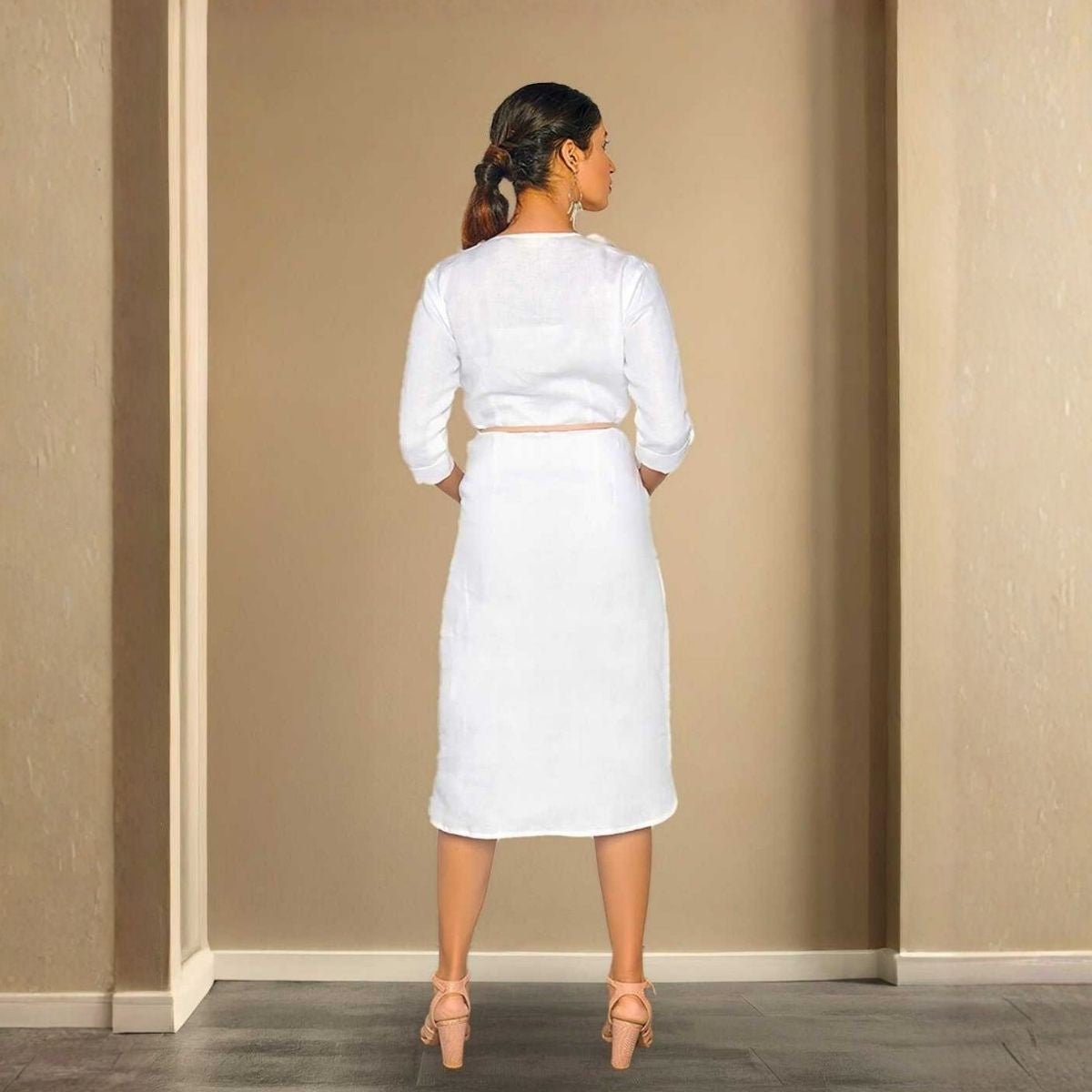 Saira White Formal Hemp Shirt Dress – Womens Dress on Brown Living™. SKU: JDS4007XS. Img 4.
