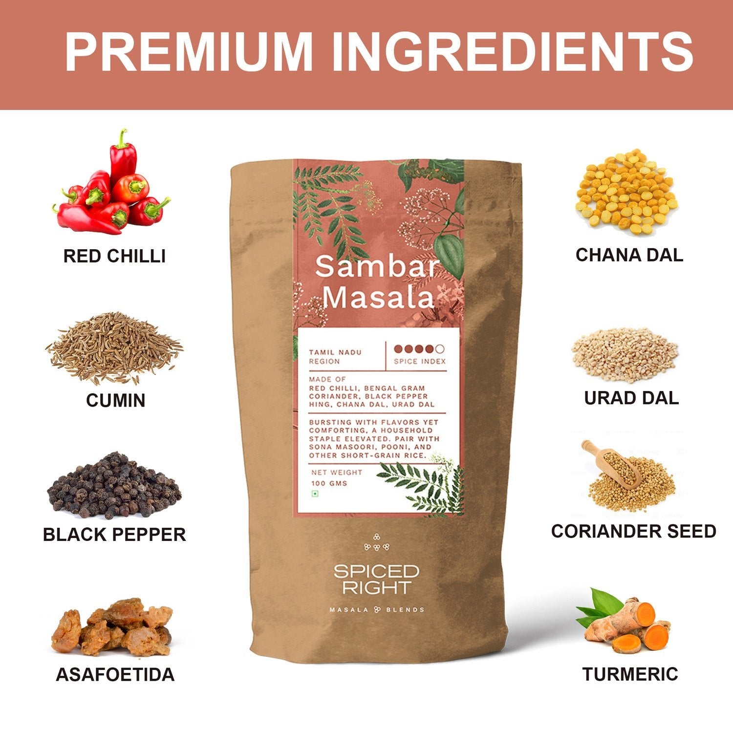 Sambar Masala - Authentic Tamil Nadu Blend, No Fillers – Seasonings & Spices on Brown Living™. SKU: SRSM. Img 6.