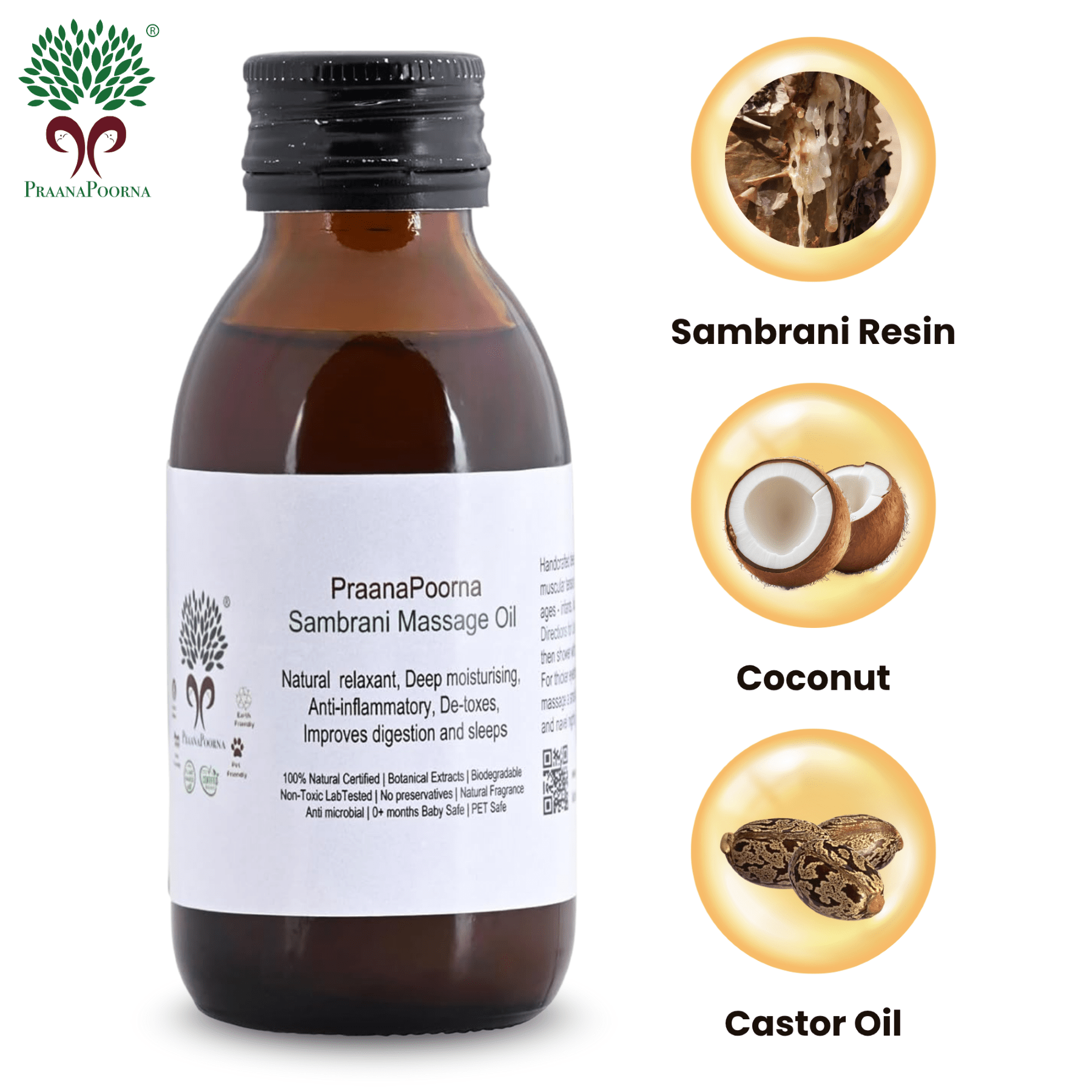 Sambrani Resin Infused Castor Massage Oil 100ml – Body Oil on Brown Living™. SKU: 133-08241-praanapoorna-SKUB7. Img 1.