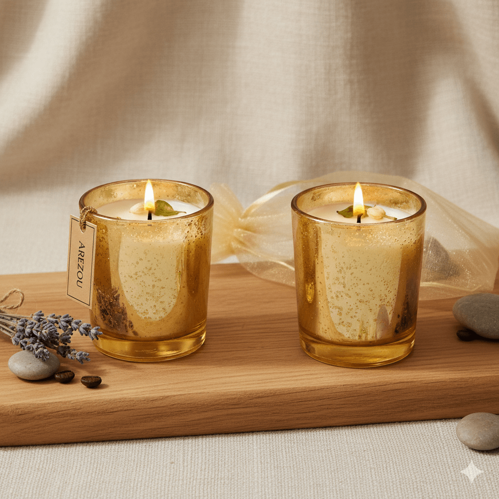 Sandalwood Soy Wax Golden Jar Candle Set | Essential Oil Candles – Candles & Fragrances on Brown Living™. SKU: ISC03. Img 1.