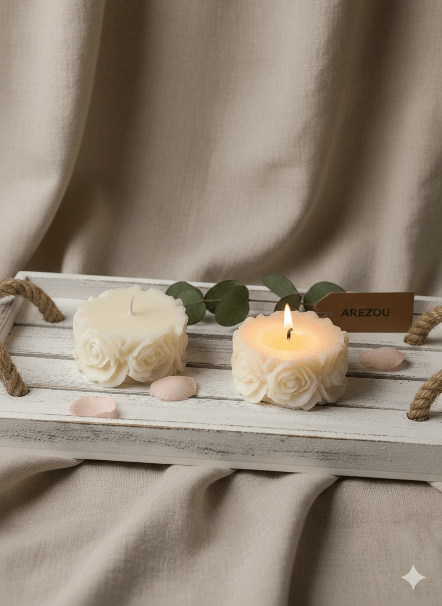 Sandalwood Soy Wax Mini Rose Candle Set | Essential Oil Candles – Candles & Fragrances on Brown Living™. SKU: ISC11. Img 1.