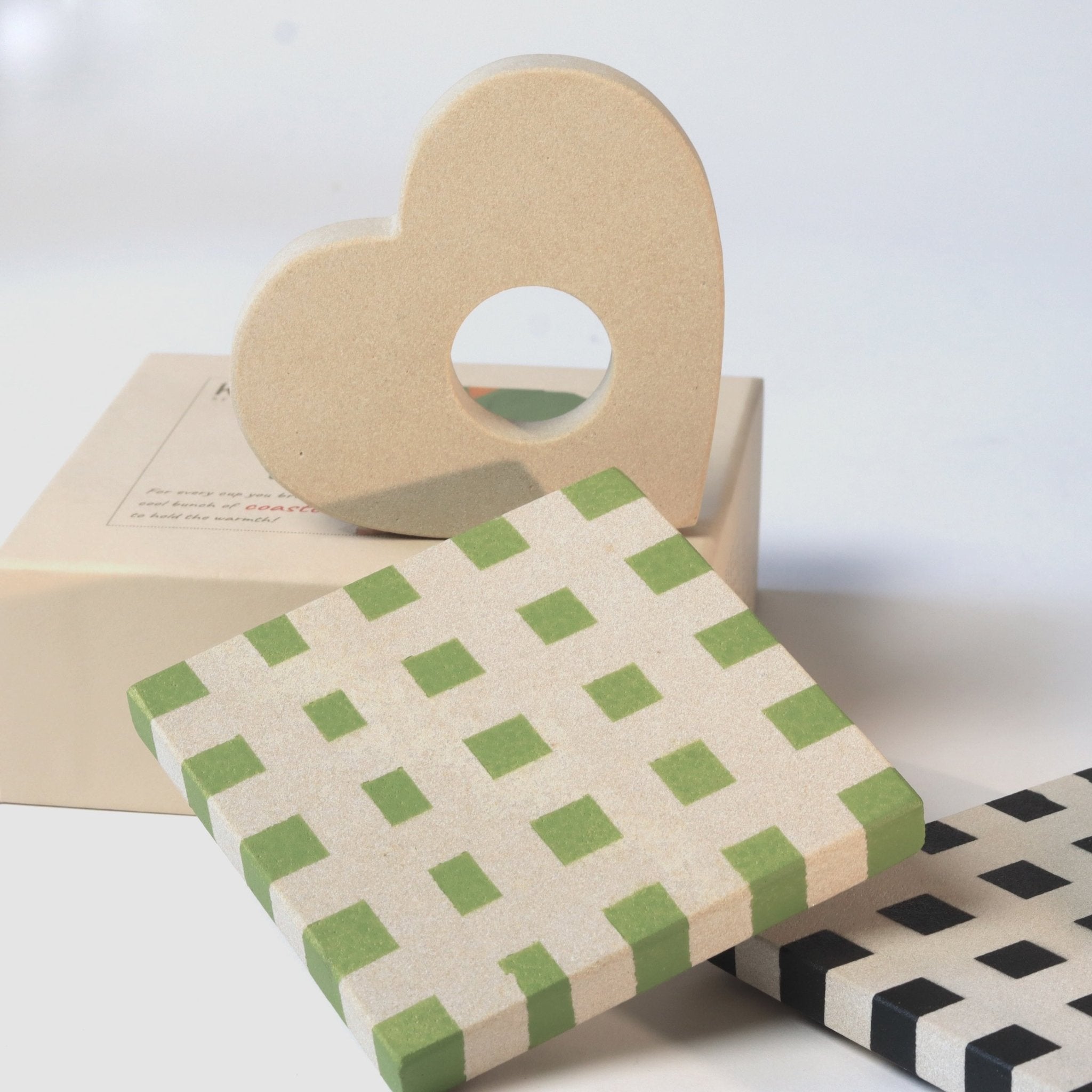 Sandstone Coaster Set Of 2 Checkered Natural Stone Drink Coasters – Coasters on Brown Living™. SKU: KOI-CO-BB-017_Green. Img 3.