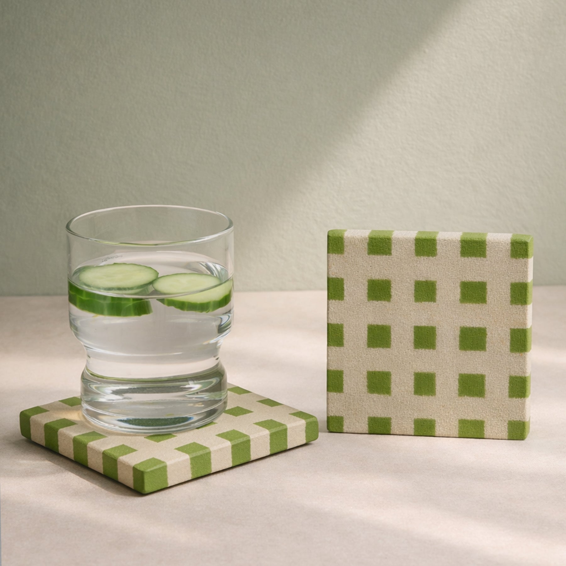 Sandstone Coaster Set Of 2 Checkered Natural Stone Drink Coasters – Coasters on Brown Living™. SKU: KOI-CO-BB-017_Green. Img 2.