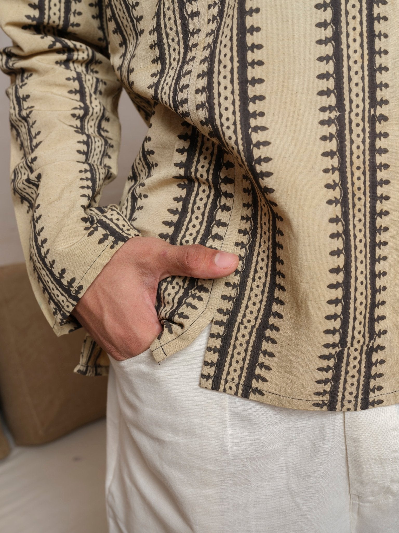 Sangatam - Ivory Black Block Print Kurta – Mens Kurta by Vasudhaa Vastrram available on Brown Living™. S . SKU: VBLKF6S001M5009. Img 5.