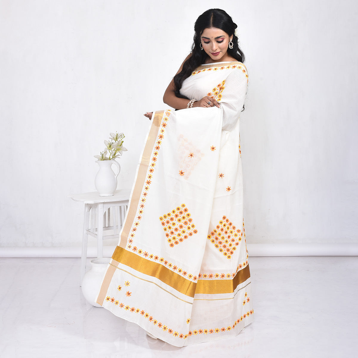 Kerala Cotton Saree with Hand Embroidery