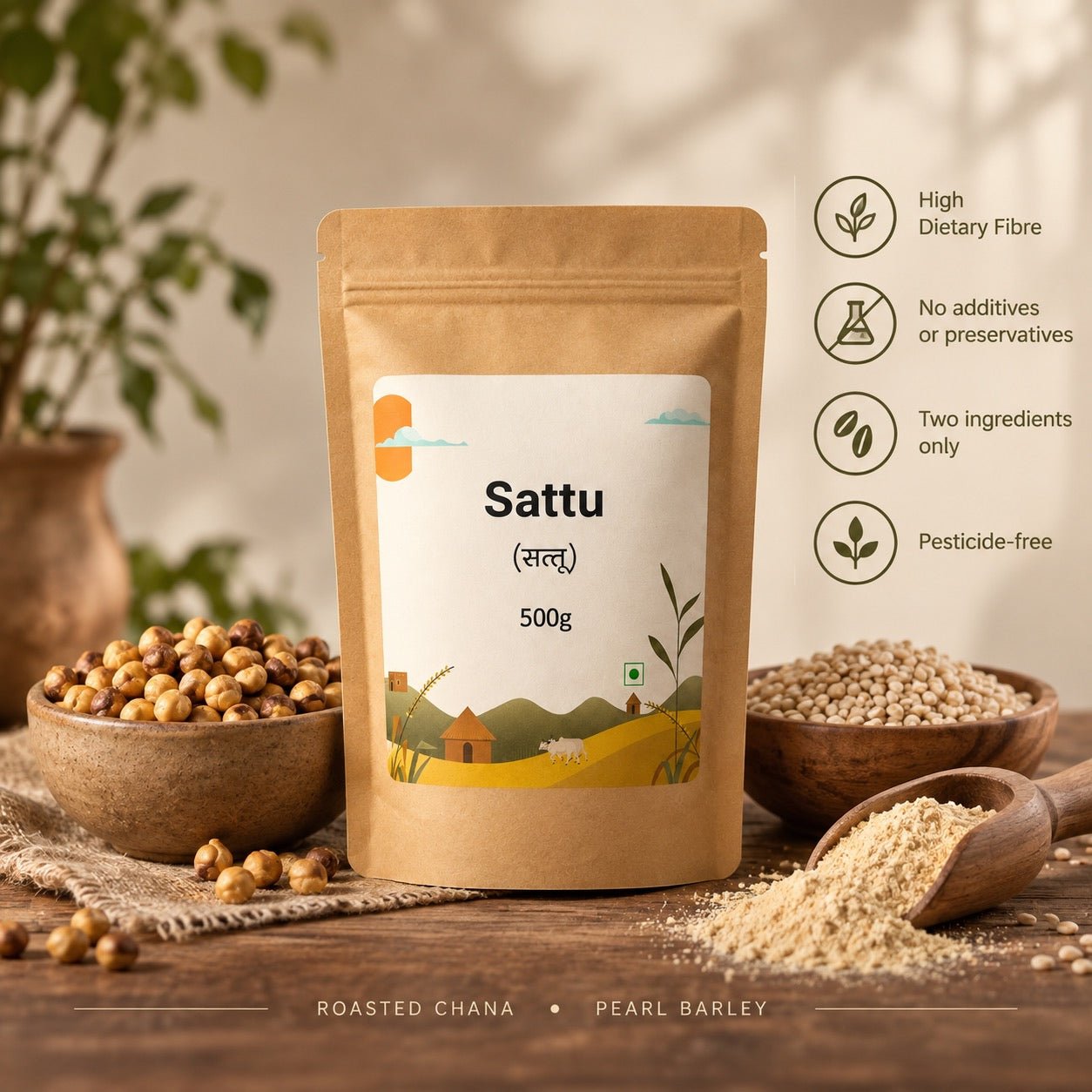 Sattu 500g | Roasted Gram Flour for Healthy Drinks & Recipes – Healthy Snacks on Brown Living™. SKU: STU. Img 3.