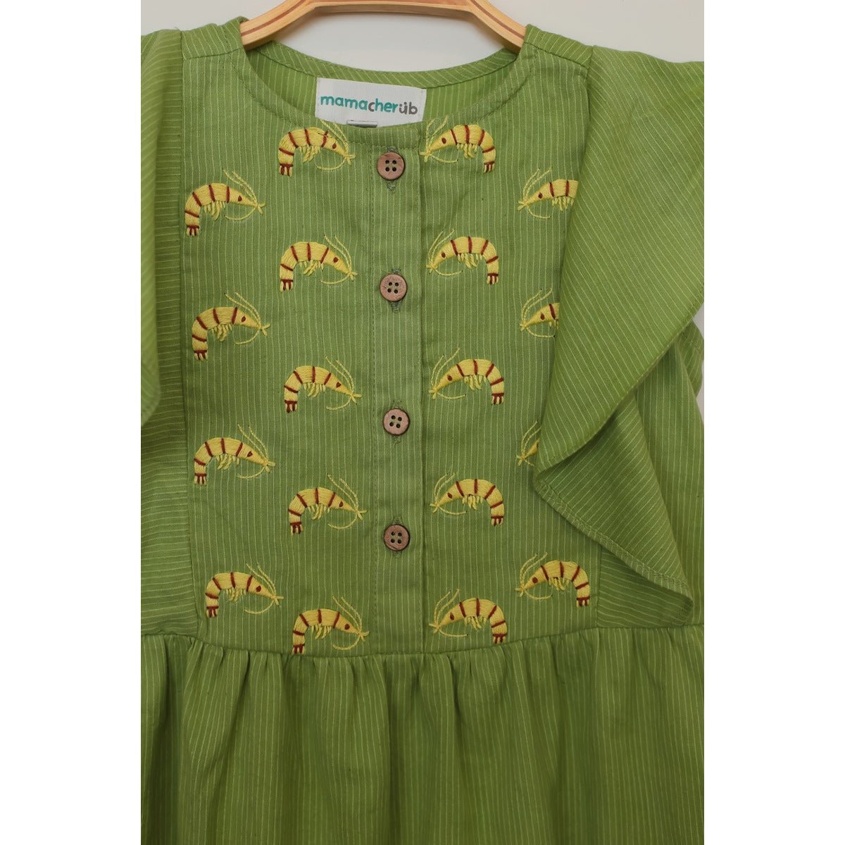Saucy Shrimp Frill Dress | Green Cotton Dress for Baby Girls – Kids Daywear Sets on Brown Living™. SKU: MCBL11. Img 2.