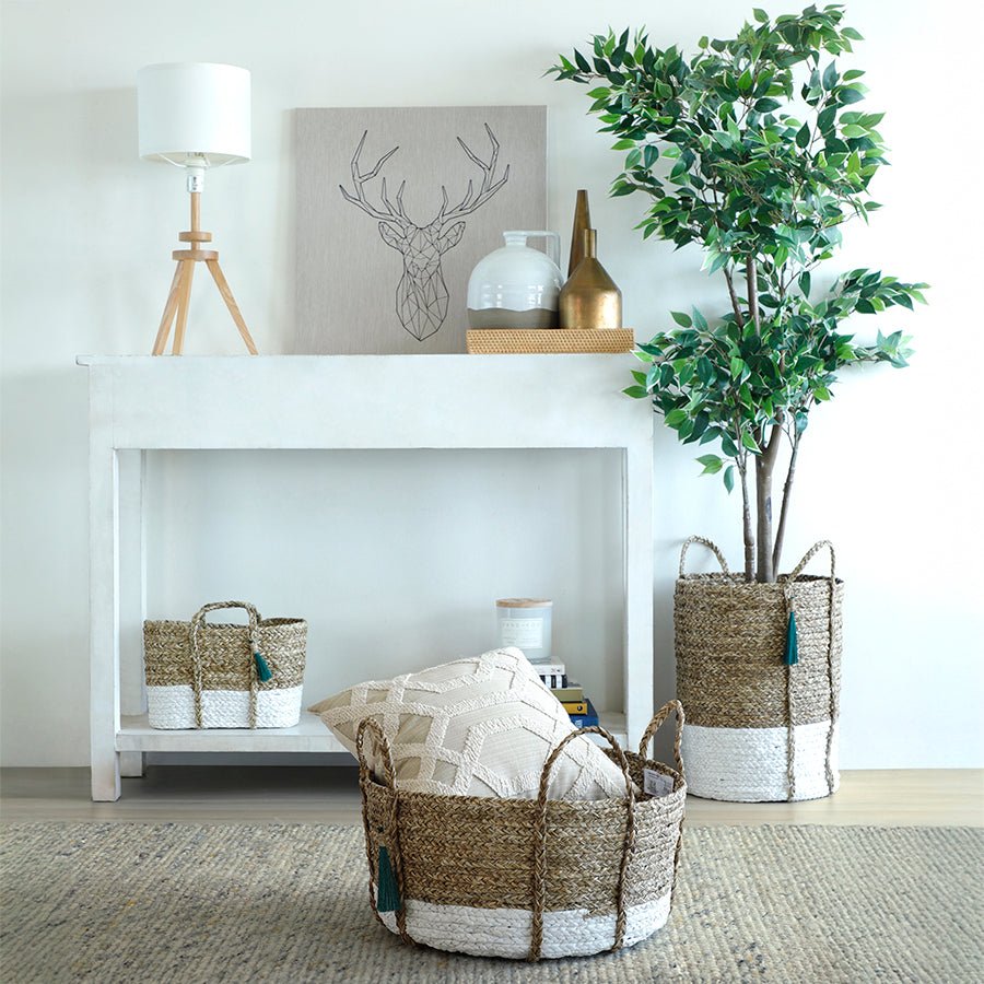 Seagrass Anthro Tassel Basket Green – Handwoven Eco Storage Basket – Home Decor on Brown Living™. SKU: AnthroTasselBasketGreenWhiteSmall. Img 3.