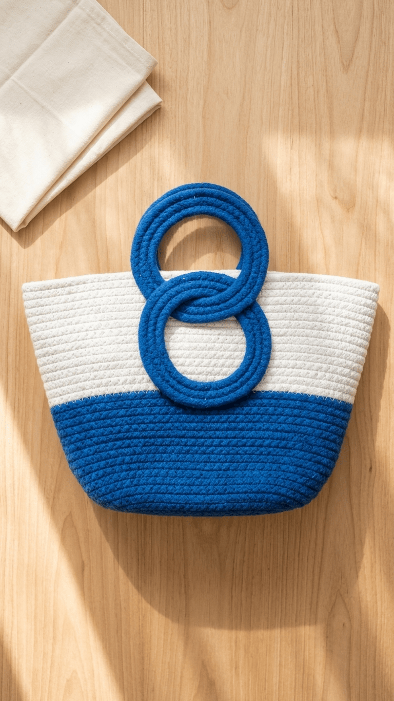 Seaside Loop Tote Bag Blue & White Cotton Carry Bag – Womens Handbag on Brown Living™. SKU: OEP945. Img 2.