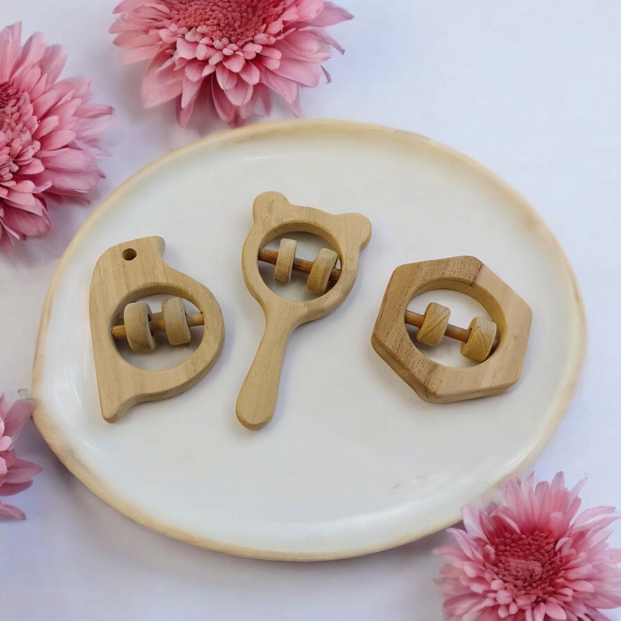 Sensory Developing Rattles – Sparrow, Mickey Head & Hexagon Shaped – Baby Rattles on Brown Living™. SKU: R_SPR-MKHD-HXN. Img 1.