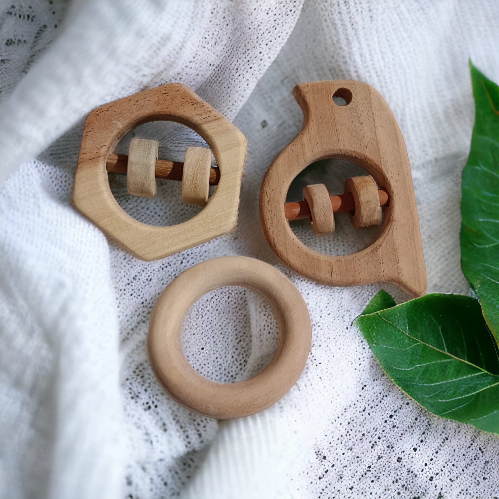 Sensory Developing Rattles & Teether Made From Pure Neem Wood – Wooden Toys on Brown Living™. SKU: RT_SPR-HXN-RNG. Img 6.