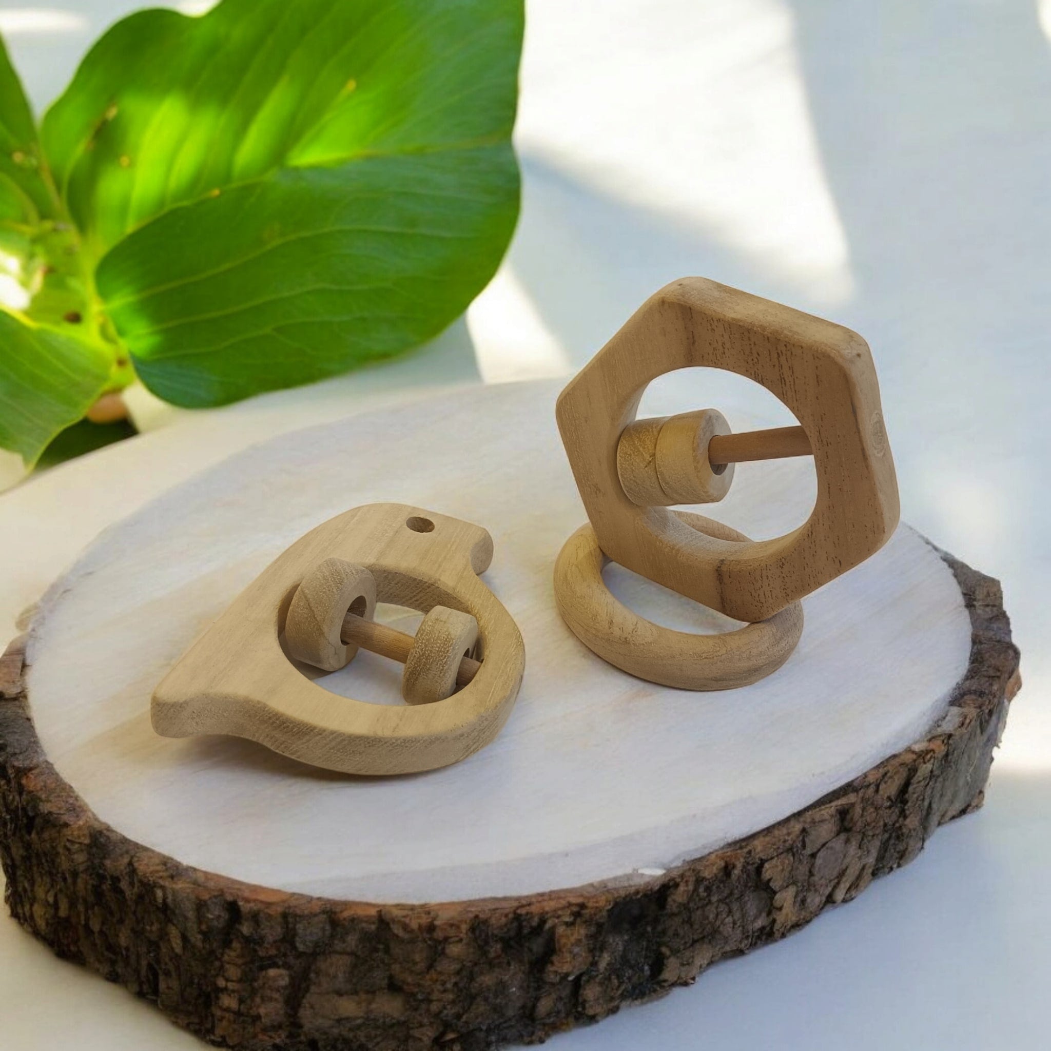 Sensory Developing Rattles & Teether Made From Pure Neem Wood – Wooden Toys on Brown Living™. SKU: RT_SPR-HXN-RNG. Img 5.