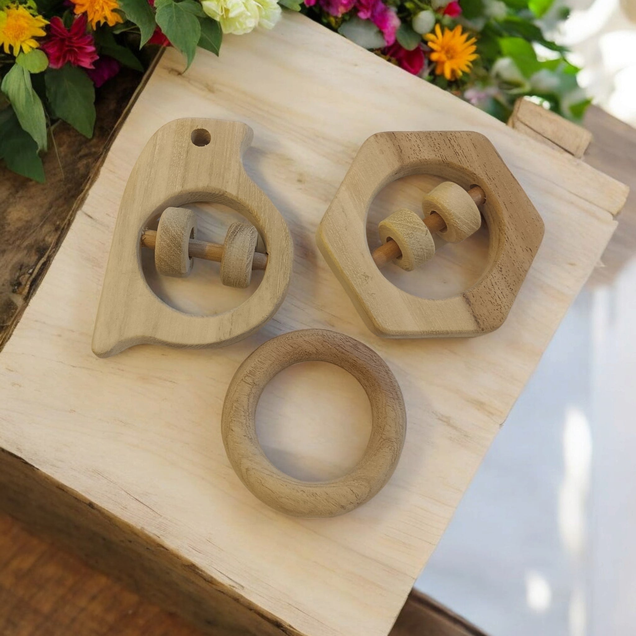 Sensory Developing Rattles & Teether Made From Pure Neem Wood – Wooden Toys on Brown Living™. SKU: RT_SPR-HXN-RNG. Img 3.