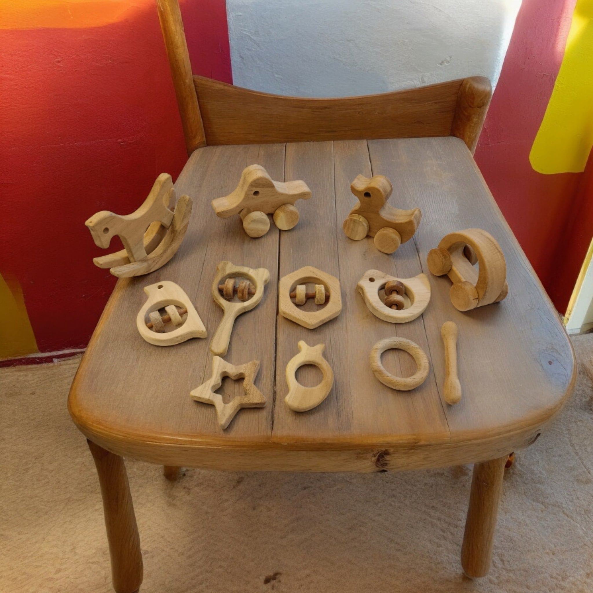 Set of 12 Neem Wooden Toys for Kids | Joyful Gifting Play Set – Wooden Toys on Brown Living™. SKU: SWRT_SHRS-DK-HCR-ELP-MKHD-HXN-SPR-DV-STR-MNG-DBL-RNG. Img 3.