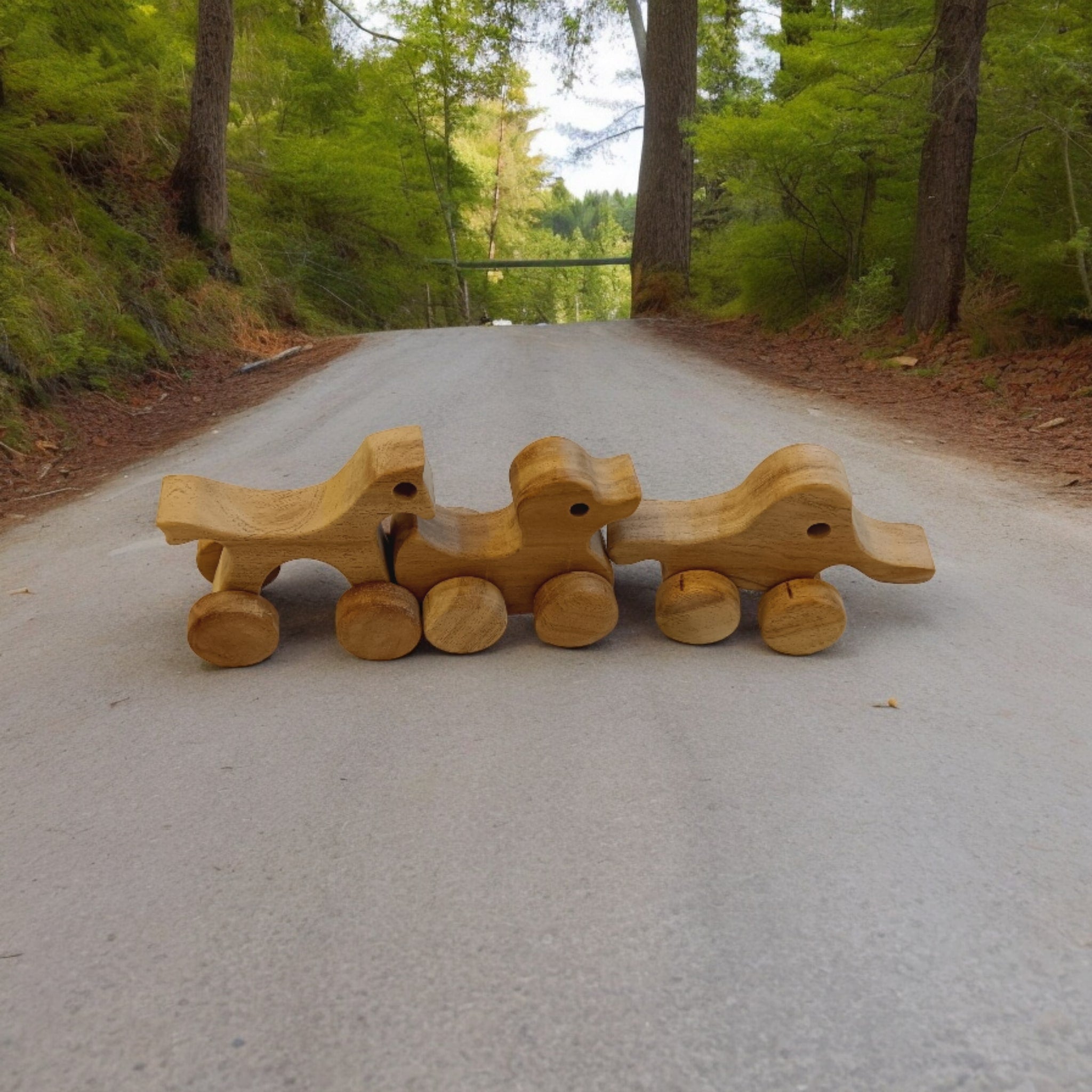 Set Of 3 Neem Wooden Wheel Toys – Horse, Elephant & Duck Shapes – Toy Trains & Vehicles on Brown Living™. SKU: W_HRS-ELP-DK. Img 1.